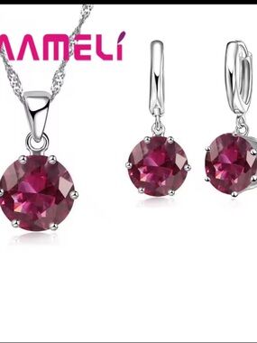 925 Sterling Silver Pink Crystal Pendant Necklace and Earring Set